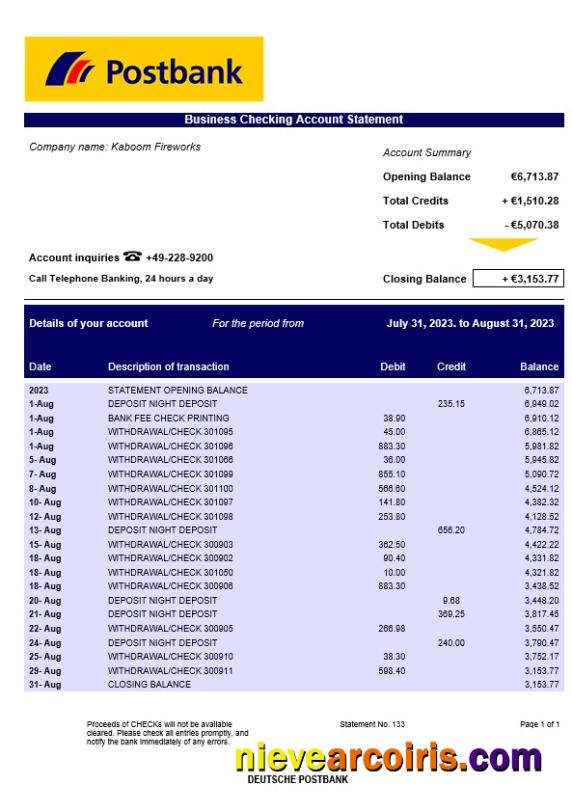 Deutsche Postbank corporate checking account statement